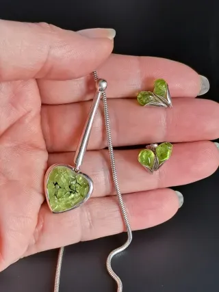 Conjunto Plata 925 Corazón Piedras Verdes