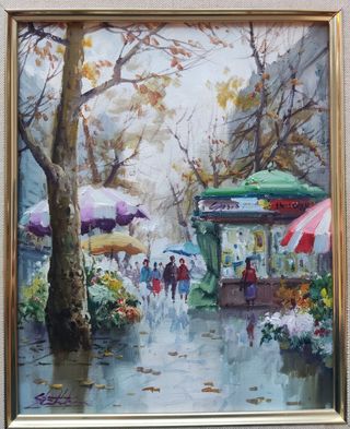 Salvador Caballero Óleo Ramblas Barcelona