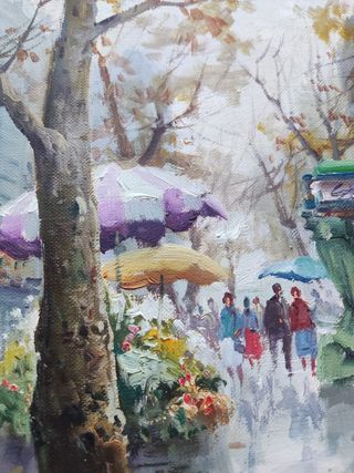 Salvador Caballero Óleo Ramblas Barcelona