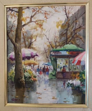 Salvador Caballero Óleo Ramblas Barcelona