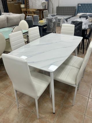 Mesa Comedor Mármol + 6 Sillas Blancas