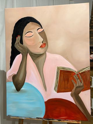 Cuadro pintura acrílica mujer leyendo