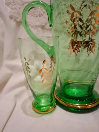 Juego Jarra y Vasos Vidrio Verde Dorado