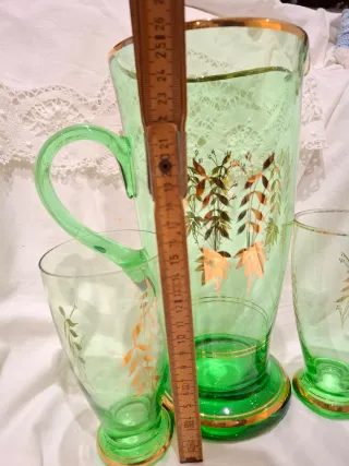 Juego Jarra y Vasos Vidrio Verde Dorado