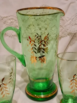 Juego Jarra y Vasos Vidrio Verde Dorado