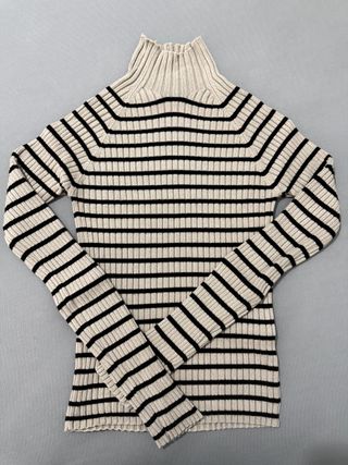 Camisola malha gola alta riscas bege/preto