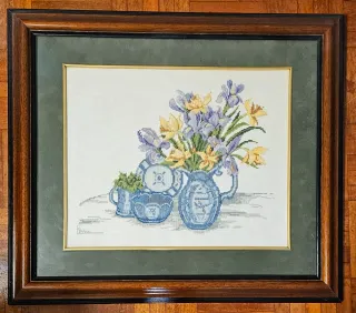 Cuadro Punto de Cruz Flores Azules y Moradas