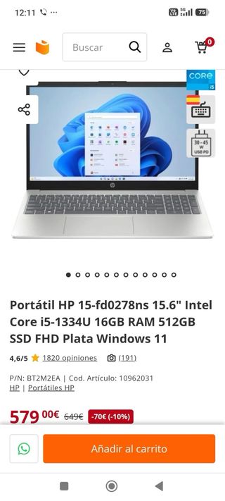HP Laptop 15-fd0278ns Plata