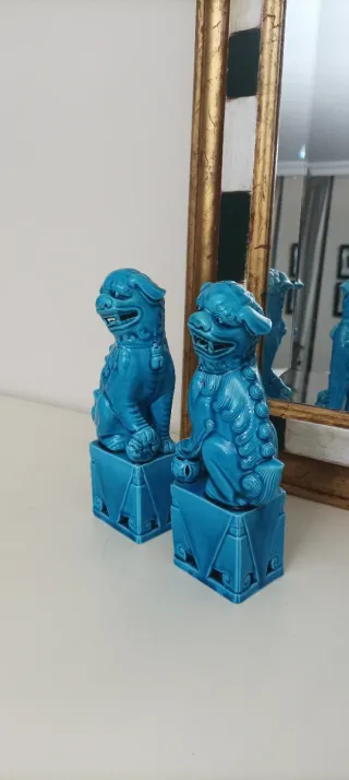 Pareja Perros Foo Azules Cerámica