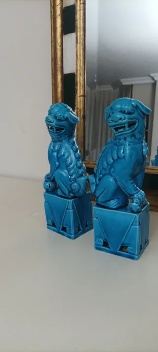 Pareja Perros Foo Azules Cerámica