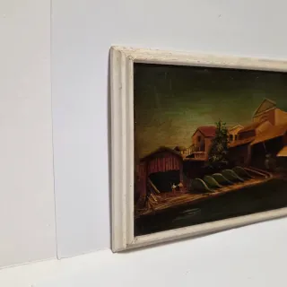 Piccolo dipinto su tavoletta di un villaggio