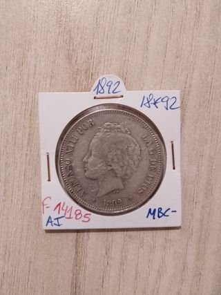5 Pesetas de Plata, Alfonso XIII, 1892.