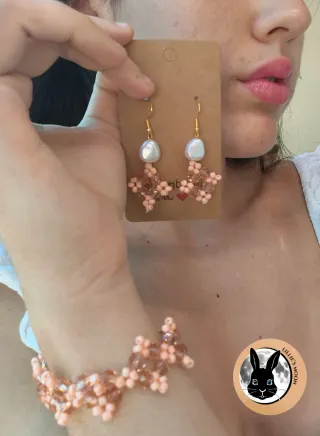 Pulsera y pendientes mosaico rosa y oro