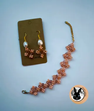 Pulsera y pendientes mosaico rosa y oro