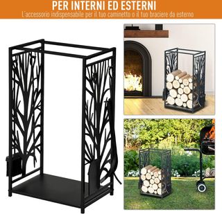 Portalegna para Chimenea de Acero y Antioxidante, Porta Leña para Interiores y Exteriores con Diseño Elegante y 4 Herramientas, 46X30X70 Cm, Negro
