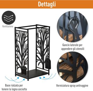Portalegna para Chimenea de Acero y Antioxidante, Porta Leña para Interiores y Exteriores con Diseño Elegante y 4 Herramientas, 46X30X70 Cm, Negro