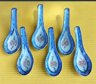 6 Cucharas chinas para sopa Asiáticas Cerámica Azu