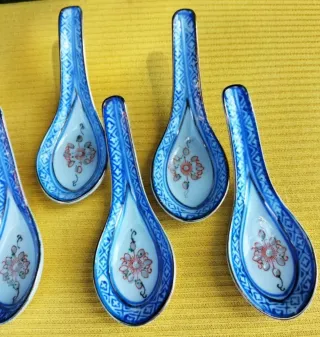 6 Cucharas chinas para sopa Asiáticas Cerámica Azu