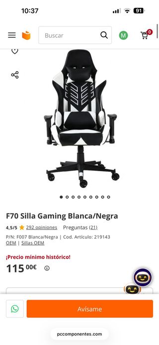 Silla Gamer Pccomponentes Negra y Blanca