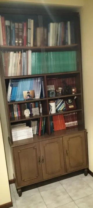 Mesa de centro madera y cristal y estanterias