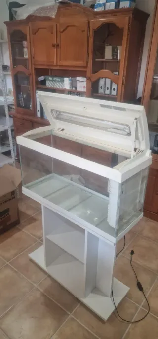 Pecera con mueble de madera y cristal