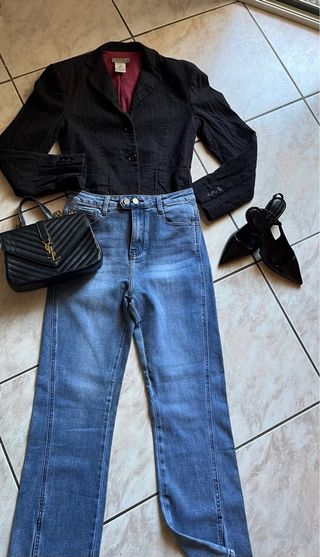 Completo: Blazer nero 100% lana, jeans blu M