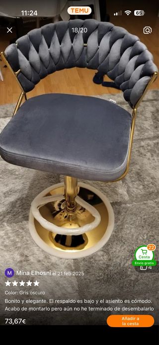 Silla de terciopelo gris y dorado