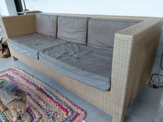 Sofá 3 plazas plástico trenzado, exterior, beige