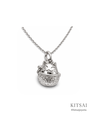 Colgante amuleto gato japonés Plata + cadena