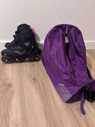 Patines +bolsa+rodilleras Oxelo negros y rosas