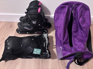 Patines +bolsa+rodilleras Oxelo negros y rosas