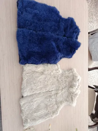Chaleco Piel Conejo Natural Beige y Azul