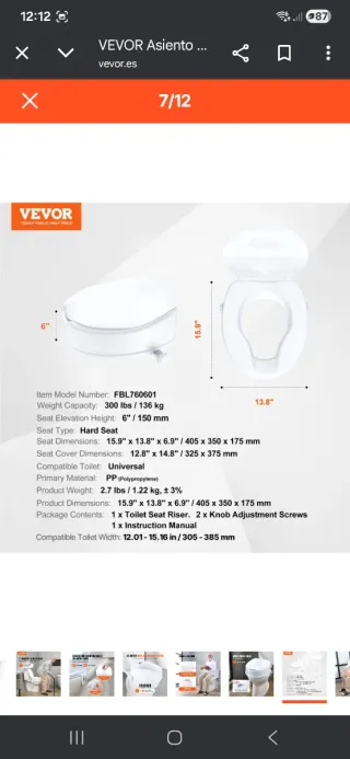 Asiento elevador VEVOR para inodoro