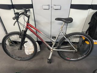 Bicicleta de montaña roja y plateada