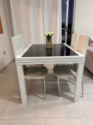 Mesa comedor + 8 sillas blancas y negras