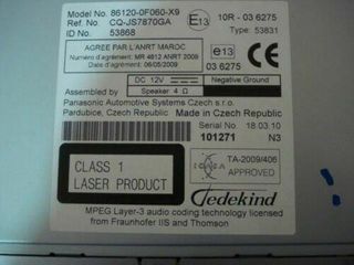 Radio CD / TOYOTA VERSO AUDIO CD MP3 86120-0F060-X9 861200F060X9 CQ-JS7870GA