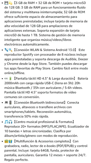 Reproductor MP3 Bluetooth 163GB Spotify