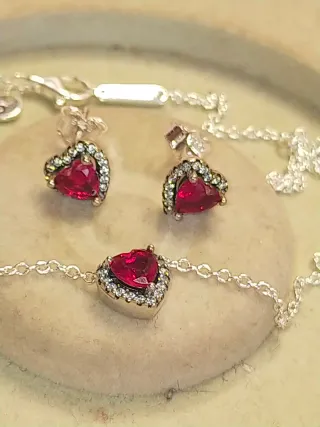 Conjunto Pandora Corazón Rojo Plata
