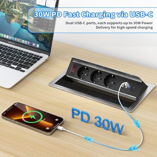 Enchufe empotrable aluminio 3 tomas + 2 USB