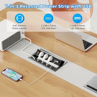 Enchufe empotrable aluminio 3 tomas + 2 USB