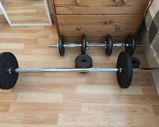 Set Pesas Hierro 40kg + Barra Larga y Mancuernas