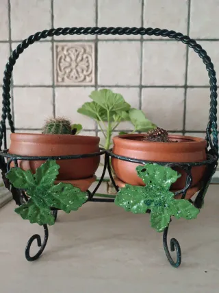 Porta piantine in ferro con vasetti e sottovasetti