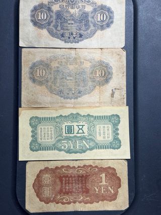 Lote Billetes Japoneses 1, 5 y 10 Yenes. Guerra.