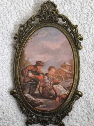 CUADRO OVALADO ANTIGUO METAL Y TELA MADE IN ITALY