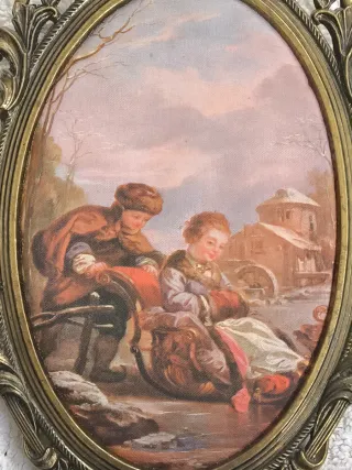 CUADRO OVALADO ANTIGUO METAL Y TELA MADE IN ITALY