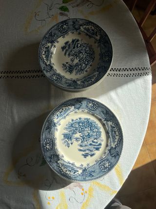 Conjunto 10 Pratos Cerâmica Vintage Azul Branco