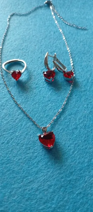 Conjunto Acero Corazón Rojo Anillo ajustable