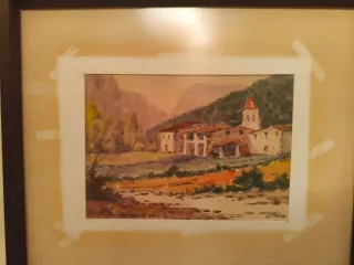 Cuadro paisaje pueblo acuarela