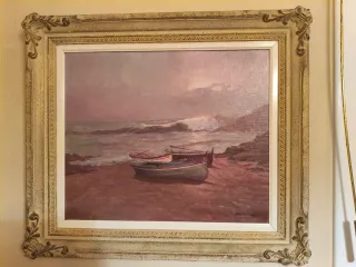 Cuadro óleo paisaje marino con barcas