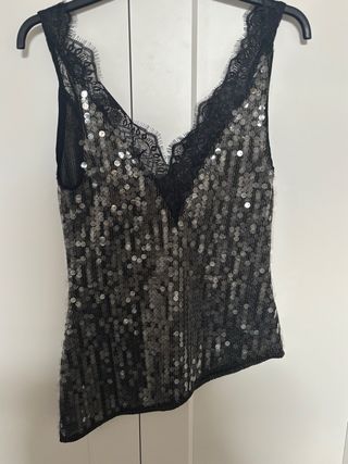 Top lentejuelas Zara encaje negro/plata XS